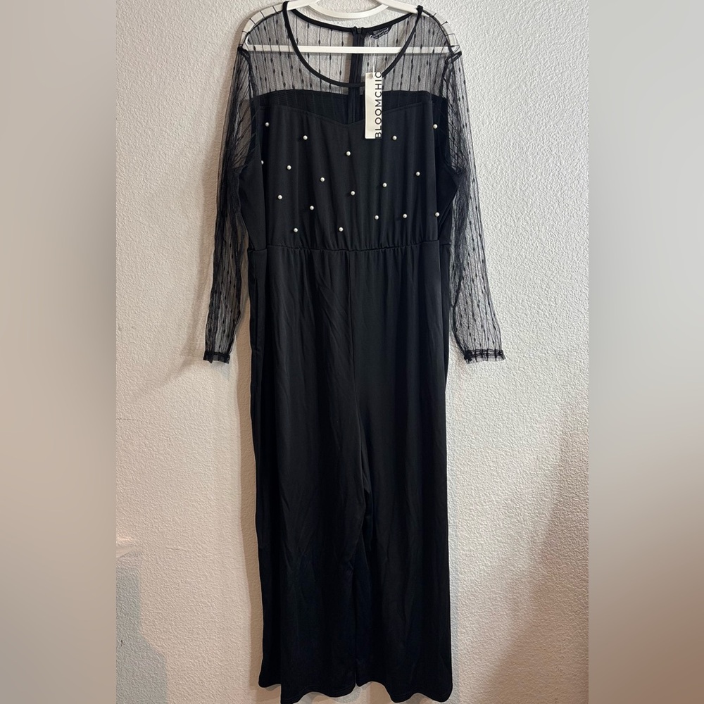 BloomChic NWT Black Wide Leg Jumpsuit with Sheer and Pearl embellishments 22/24